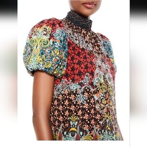 Alice + Olivia Janis Mixed Print Puff Sleeve Dress Size 12 Euc